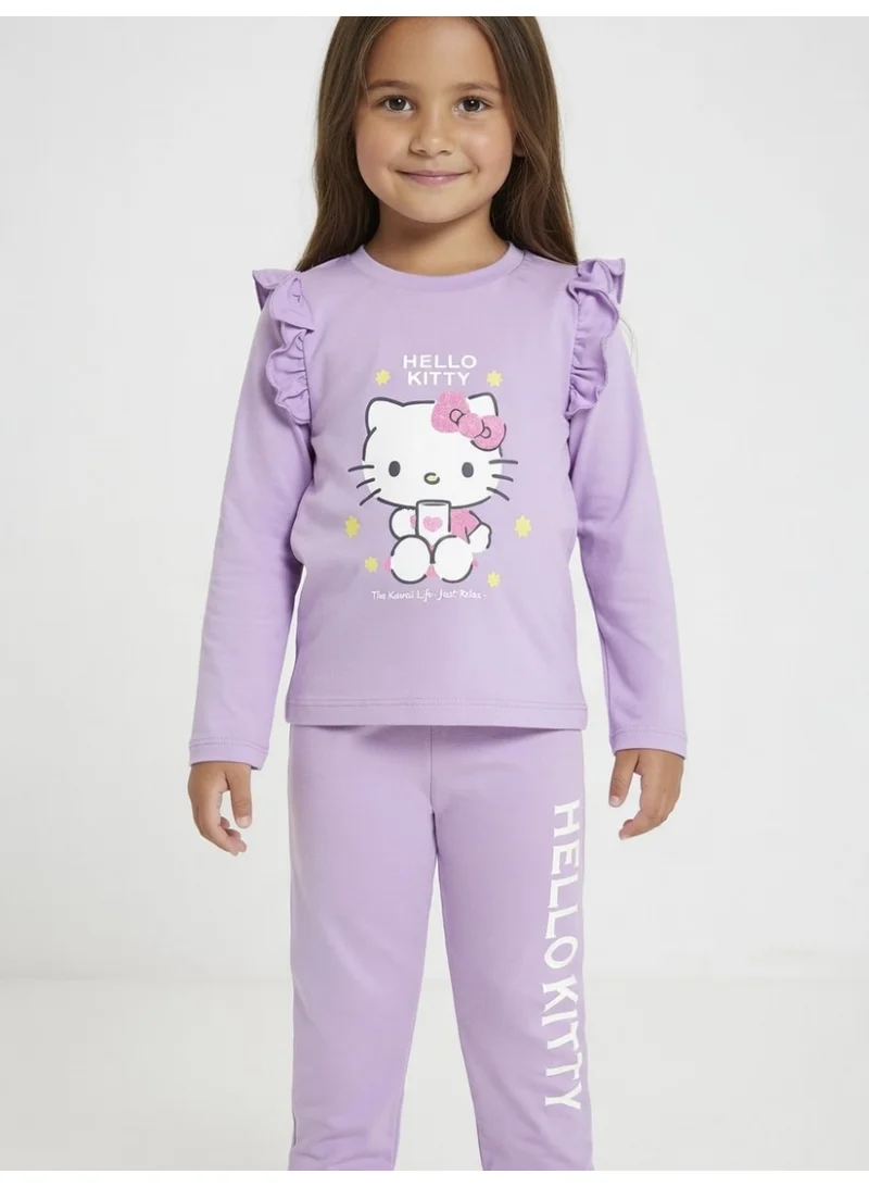 هالو كيتي هيلو كيتي | طقم تيشيرت وبنطال بأكمام طويلة للبنات | أرجواني فاتح